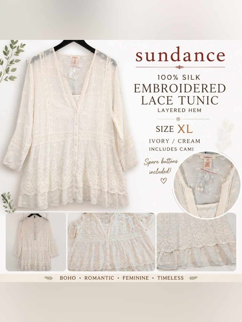 Sundance XL 100% Silk Embroidered Lace Boho Tunic Blouse Ivory